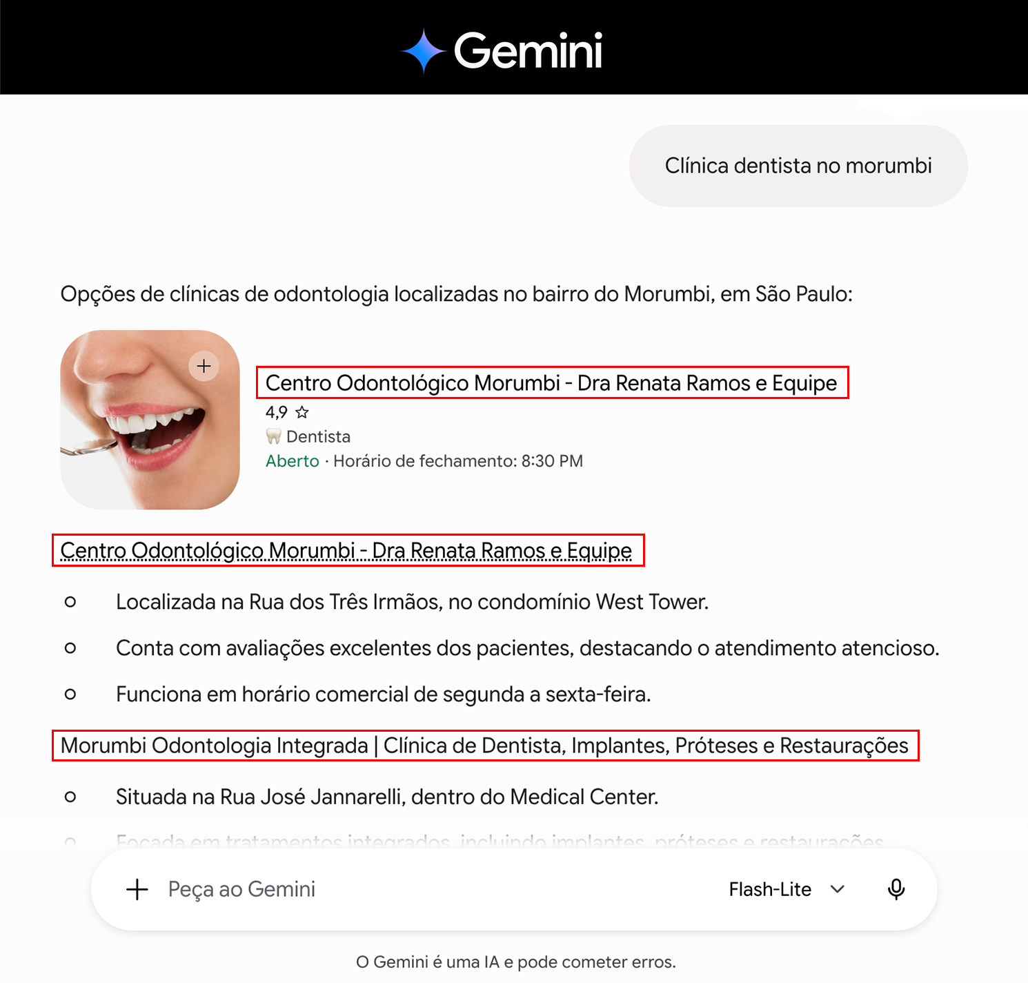 Clínica odontológica citada nas respostas do Gemini